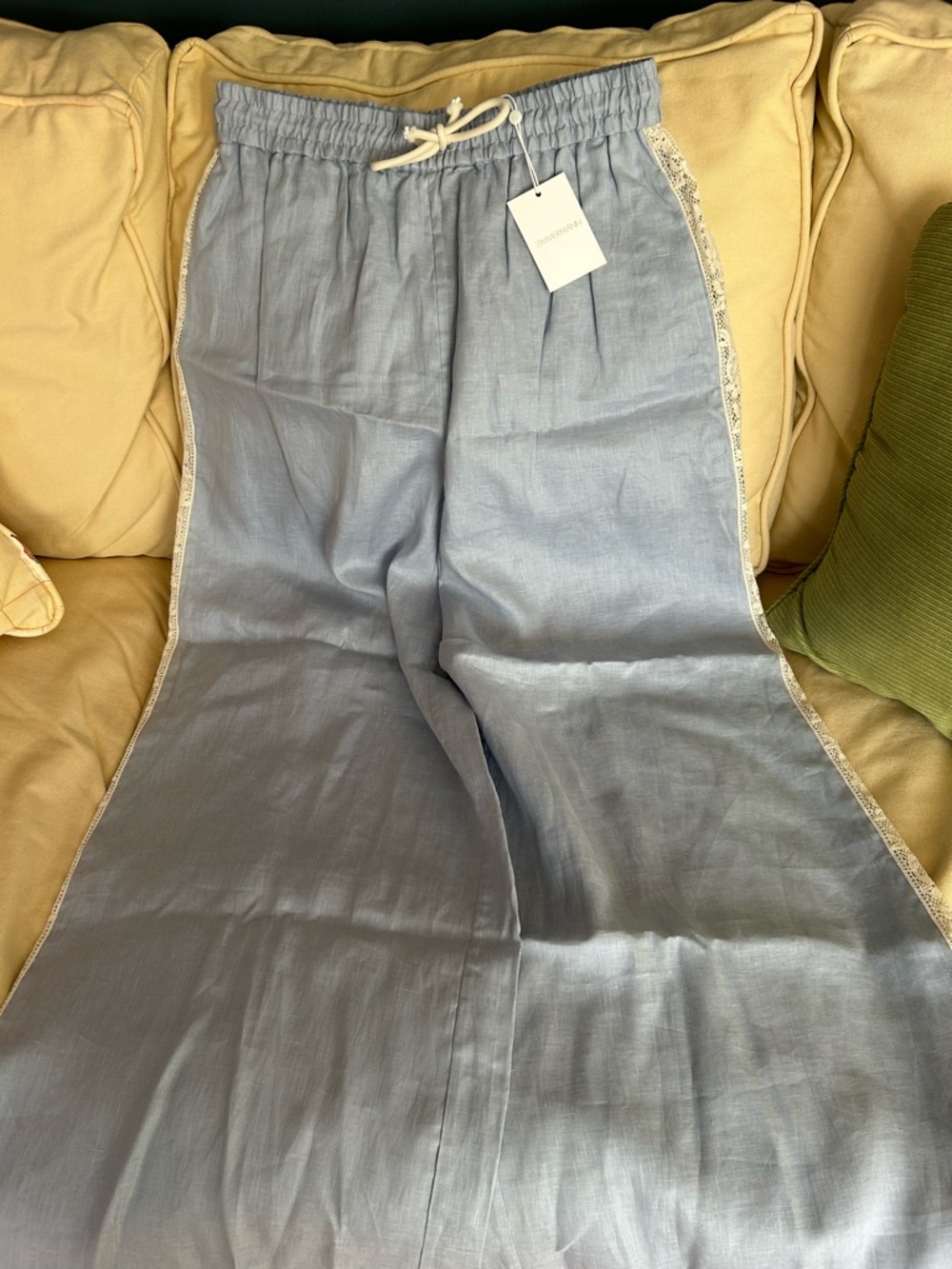 Zimmermann Light Blue Wide-Leg Linen Drawstring Kids Bottoms with Lace Trim